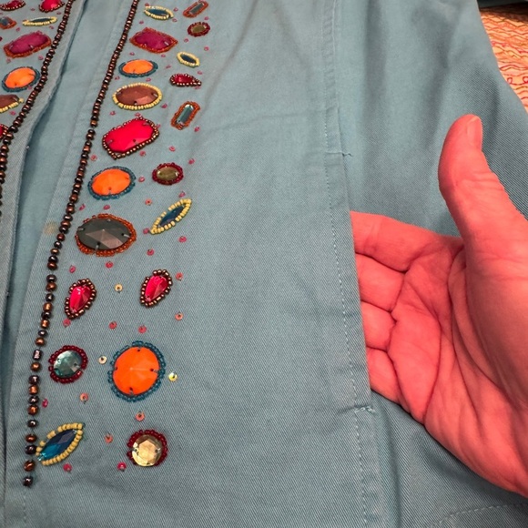 Life Style Jacket Womens Aqua Blue Stone Embellished Coat Sequin Hook Eye Size M - Picture 10 of 14